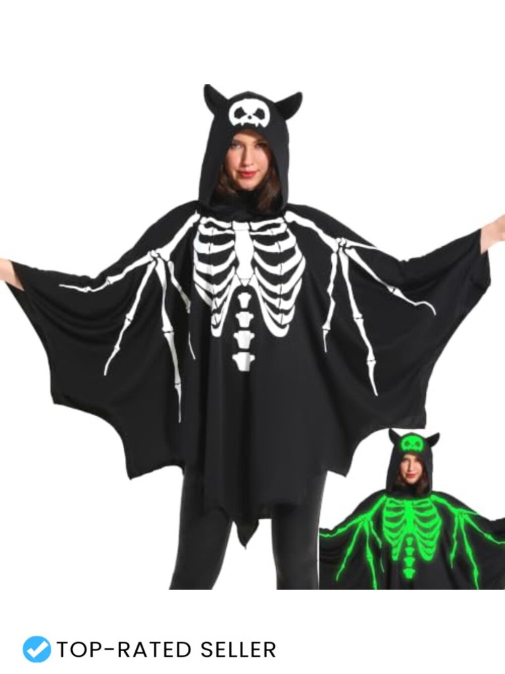 Glow in the Dark Skeleton Bat Hooded Cape Halloween Costume Women Plus Size